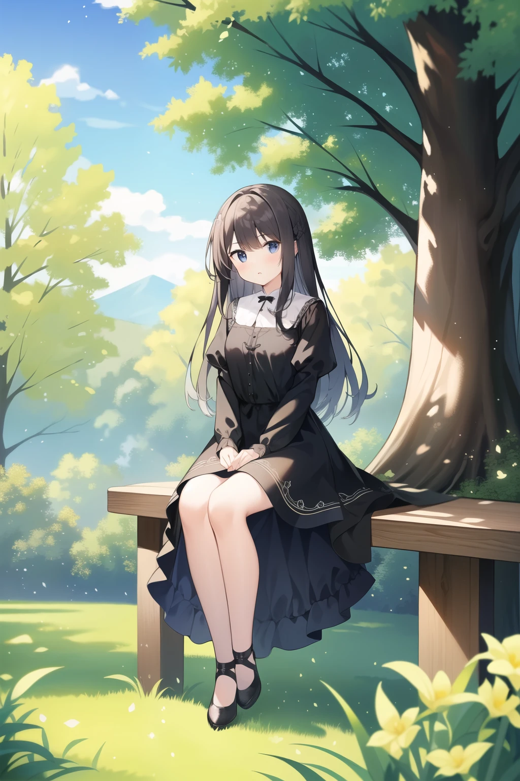 Young woman, dress, поза is sitting, is sitting, is sitting возле дерева, tree, Forest background, pie, tea