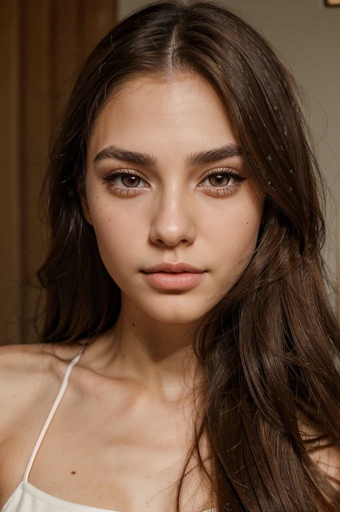 realistic, Young woman, light brown long straight hair, light white skin, mole on cheek, mole above the lip, long eyelashes, Straight eyebrows, thin nose, light brown eyes, Plump lips
