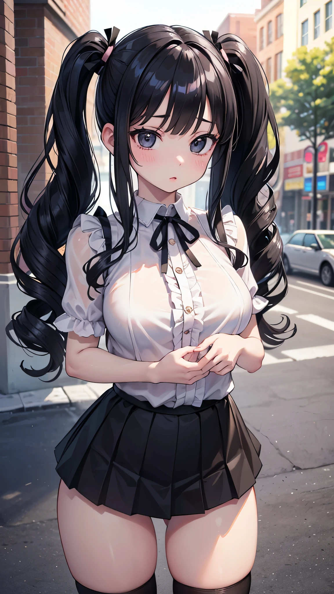 (masterpiece, 最high quality, 超High resolution, Very detailed), (Realistic:1.1, photoRealistic:1.4), Perfect illustration, Perfect lighting,Hair in perfect detail, Perfect and detailed face, Perfect collarbone, Perfect body,Juicy breasts, Perfect Thighs, Beautiful feet, View your viewers, 1 Girl,Perfect Face, (Perfect Anatomy, Anatomically correct), Symmetrical face、((Shiny Hair)),Sexy Body、(masterpiece),(最high quality：1.3),8k,Very clear,(Ultra-realistic),,Captivating woman,(high quality, High resolution, Fine details), Realisticなスタイルの女性,Juicy breasts、One perfect woman、Perfect Face、Symmetrical face、Small face、((Large Breasts))、blush、((Juicy lips))、Cowboy Shot、((Long, curly twin tails))、((Black Hair、Heavy bangs))、((Large, double-set black eyes、Long eyelashes))、(((Pink ruffle shirt)))、((Black Ribbon))、(((Black Mini Skirt)))、((Black knee-high socks))、(Outdoor、On the street at night)
