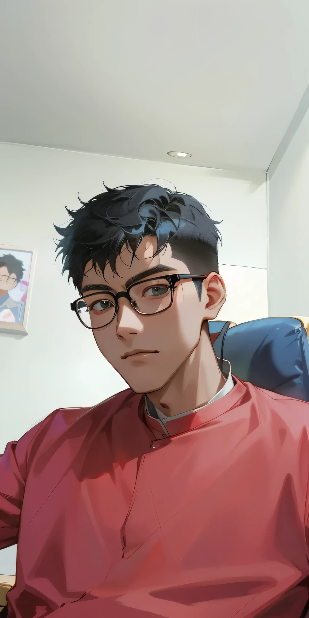 there is a man with glasses sitting in a chair with a remote, 2 7 years old, 2 8 years old, ren heng, yanjun chengt, 2 3 years old, 2 2 years old, stanley artgem lau, 2 9 years old, 21 years old, liang xing, xintong chen, with glasses, leng jun