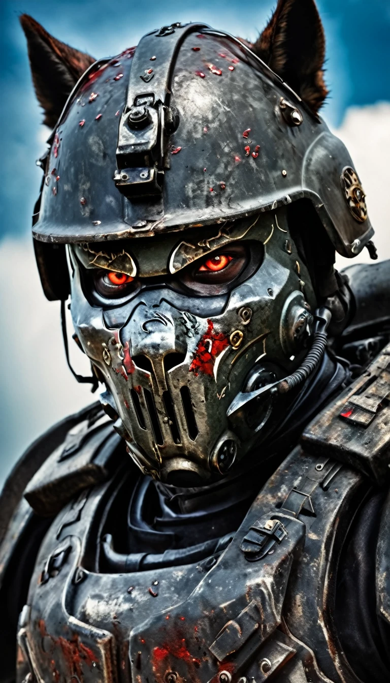 Close-up of a ((handsome zombie warior)) , half human, half wolf, their faces partially obscured by military helmets. Their eyes are filled with sadness and longing. The background is a trail of blood and violence. He wears a mechanized robot armor, carved with animal elements, human skulls. The sky is filled with swirling, fiery clouds. The photo conveys a strong sense of the warrior's appearance, ((smiling)).