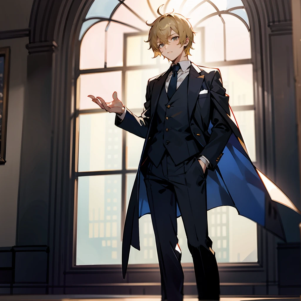1male, Blonde Hair, Blue Suit, Shaggy Hair, Black Shoes, Formal Attire, Hazel Eyes, Focused Expression, Tall, Adult Male, Ballroom, Standing by a Window