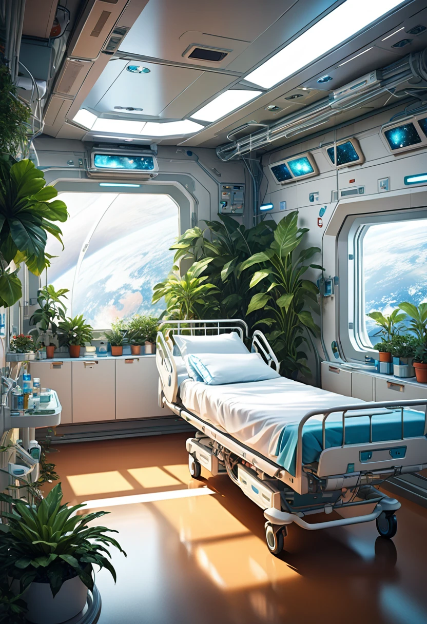 a nurse, science fiction hospital rooms in planetary orbit, artificial plants, nursing beds, stars in deep space seen from the window, masterpiece, best quality, high resolution, realistic, detailed,