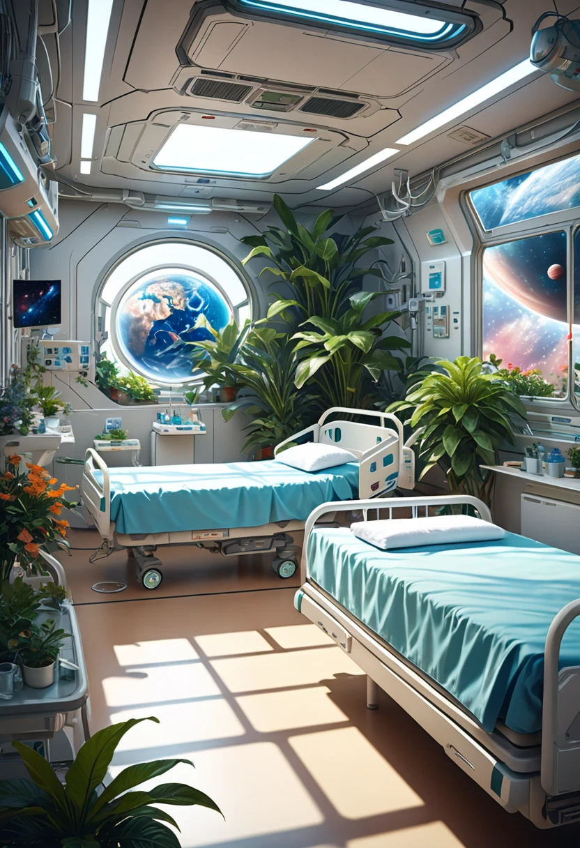 a nurse, science fiction hospital rooms in planetary orbit, artificial plants, nursing beds, stars in deep space seen from the window, masterpiece, best quality, high resolution, realistic, detailed,