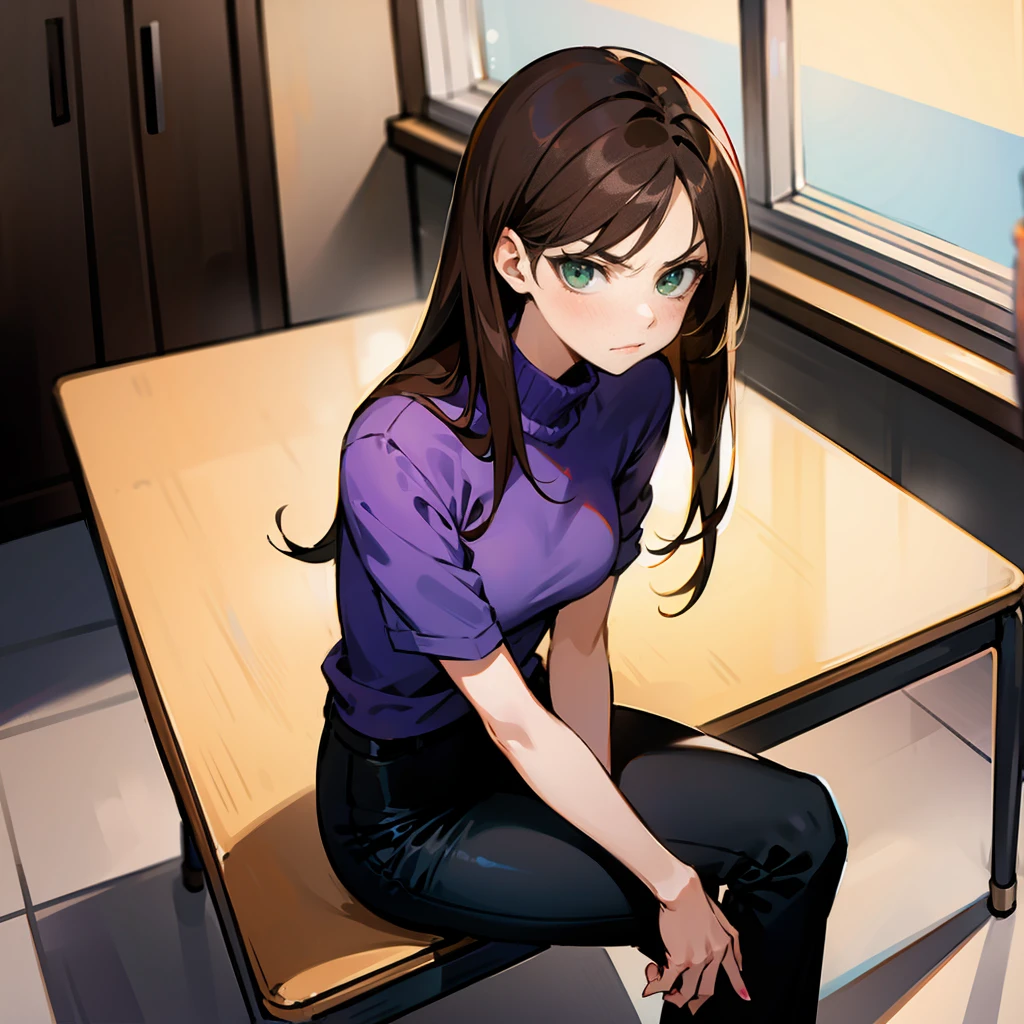 1female, Brown Hair, Purple Turtleneck, Straight Hair, Black Pants, Heels, Green Eyes, Serious Expression, Lean, Adult Female, Office, Sitting at a Desk