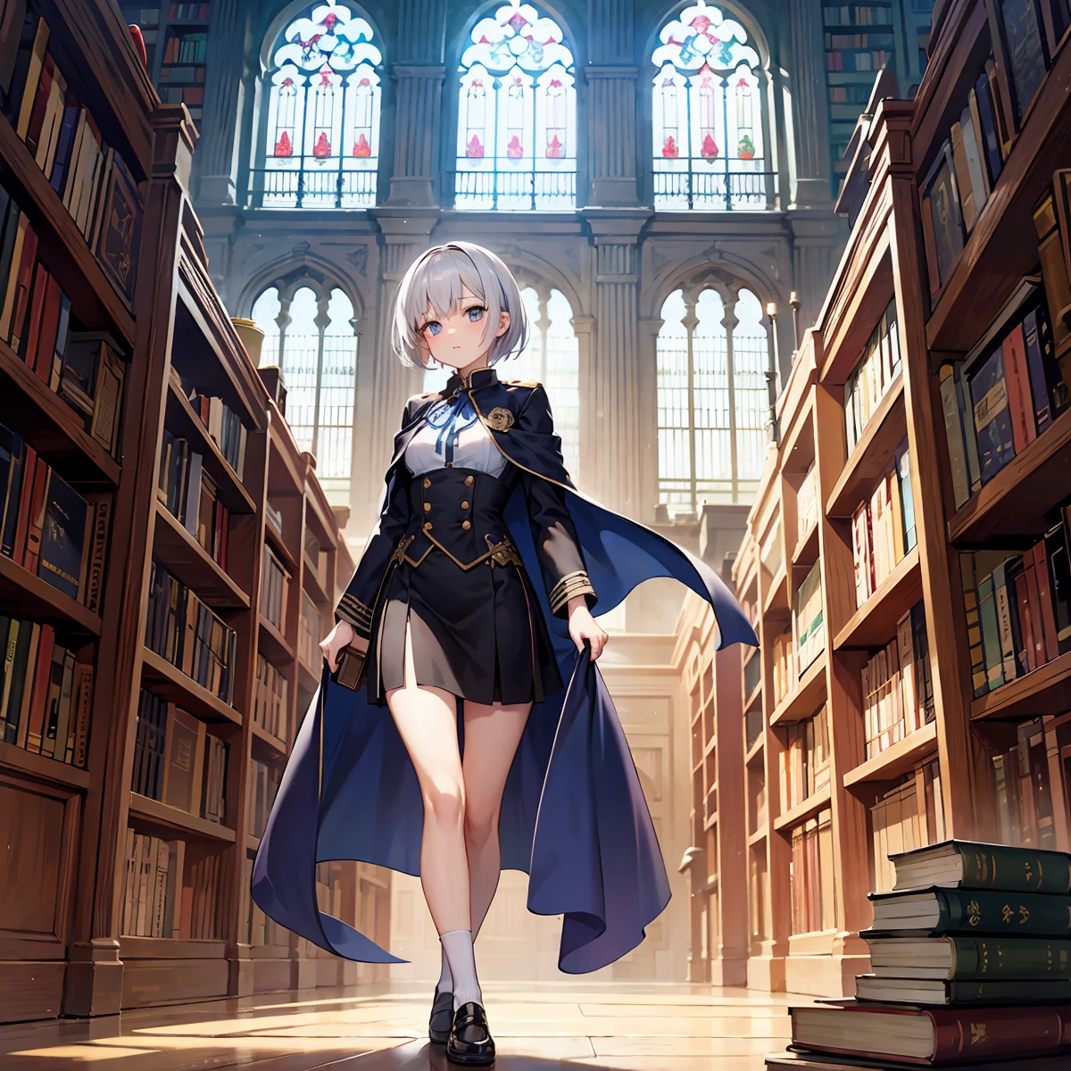In a medieval library、A young woman with short hair wearing a uniform and a cloak is holding a book。She wears a uniform with a blue ribbon and symbol.、There are many books on the shelves in the library。There were a few other students in the background.、Antique arched windows and decorations can be seen。She has silver hair and is tall and slender.。She is facing the front and、Walking towards here。Under the cloak is a with a skirt。Mature Woman。Tall woman wearing black socks。