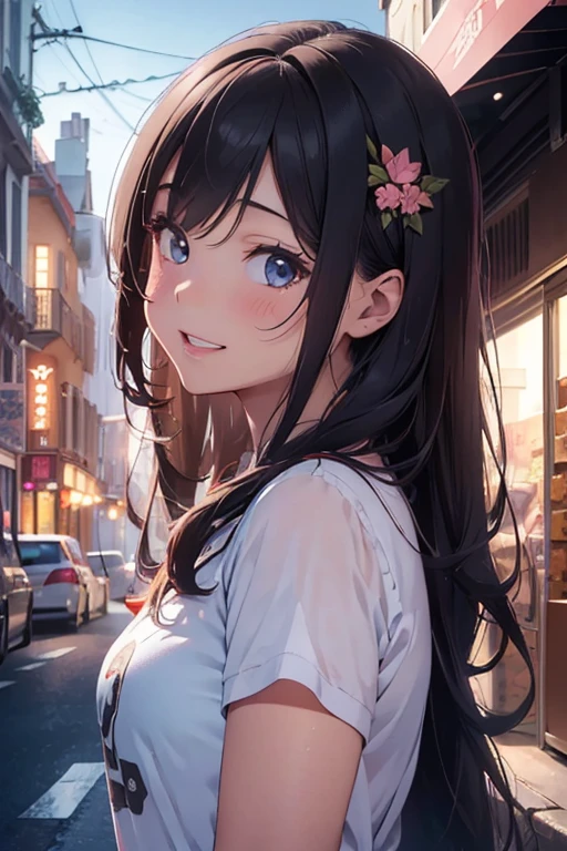 1girl, beautiful detailed eyes, beautiful detailed lips, extremely detailed eyes and face, long eyelashes, beautiful girl with long hair, smiling, open mouth, hair ornament, jewelry, closed eyes, parted lips, anime print, anime style, nervous, blush, (best quality,4k,8k,highres,masterpiece:1.2),ultra-detailed,(realistic,photorealistic,photo-realistic:1.37),vibrant colors, soft lighting, cinematic composition, dreamlike atmosphere