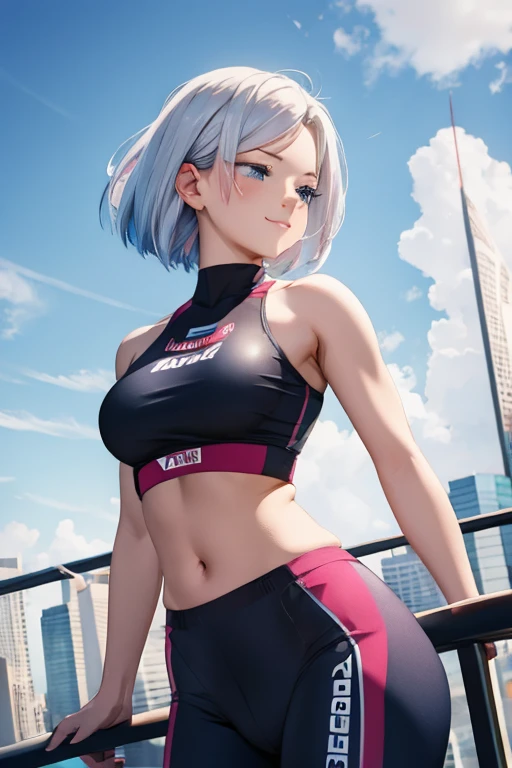 A woman with silver bob hair and blue eyes, ((She is looking down)), extremely detailed and realistic, masterpiece quality, ultra-detailed, HDR, vivid colors, physically-based rendering, ((She is facing completely to the side)), ((she does not look at me)), (she is so happy), she is a boxer, long thick muscular thighs, wearing training wear