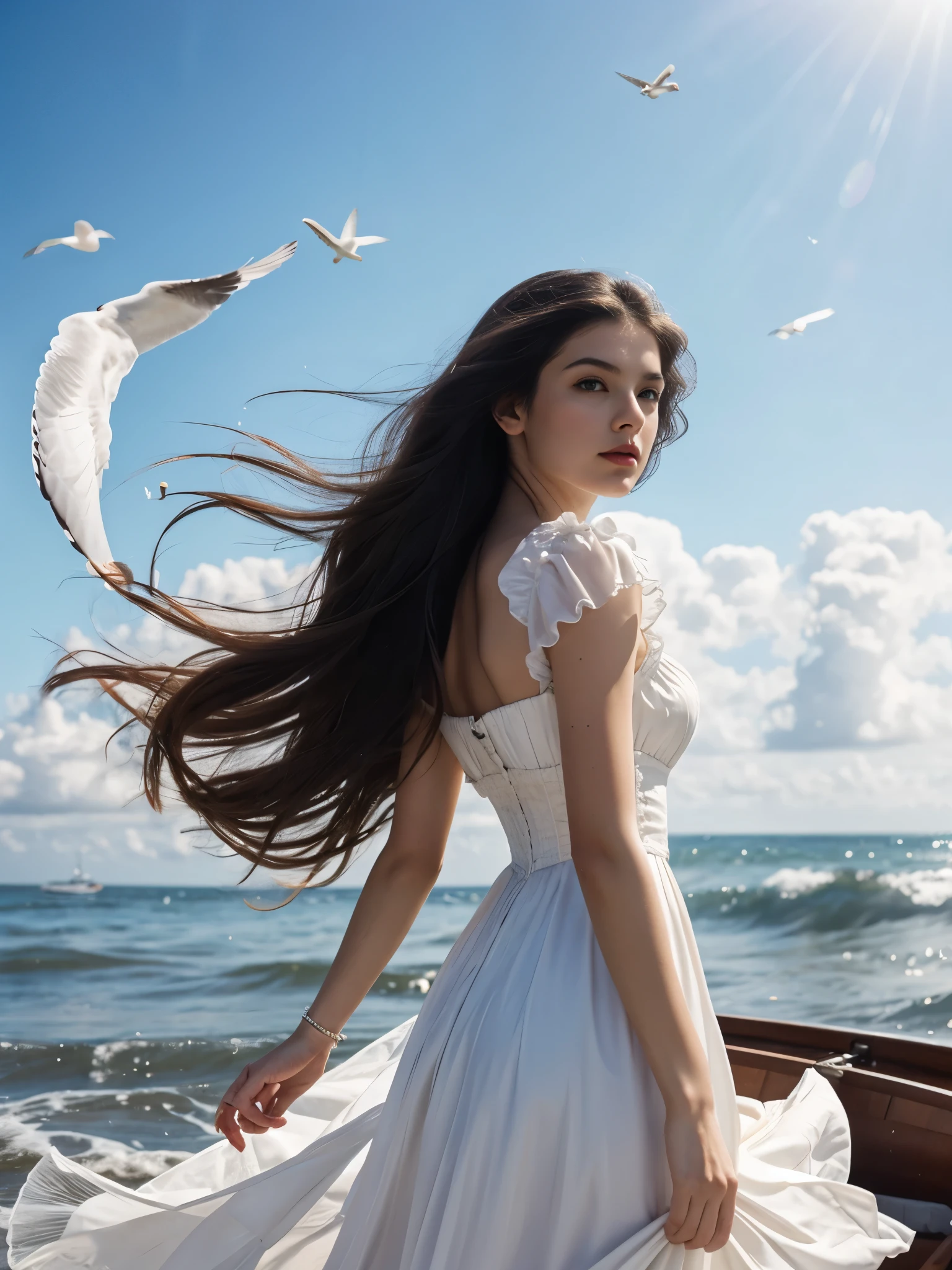 a woman, solo, long hair, black hair, dress, standing, sharp focus, outdoors, sky, day, cloud, water, clothes lift, from behind, blue sky, dutch angle, Victorian era, inspired by Milo Manara, seagulls, ocean, traditional media, beach, watercraft, ship, waves, boat, seagull, film grain, dramatic ambiance