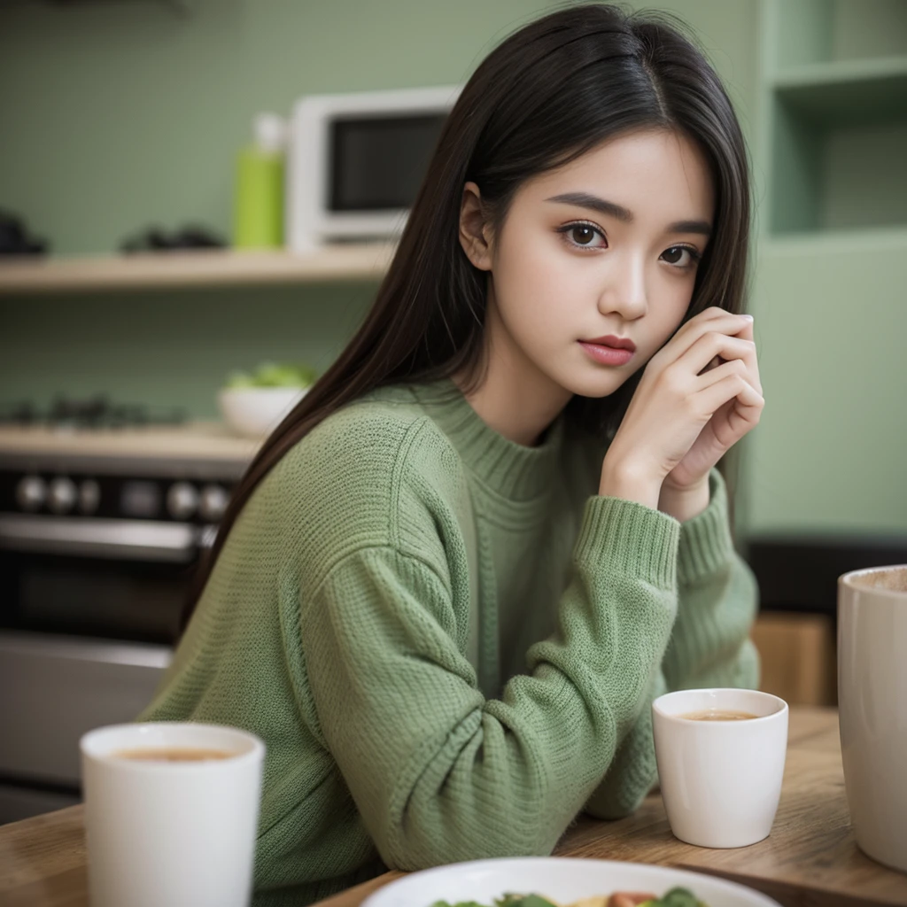 1girl, green sweater, gray caffee blurry background,