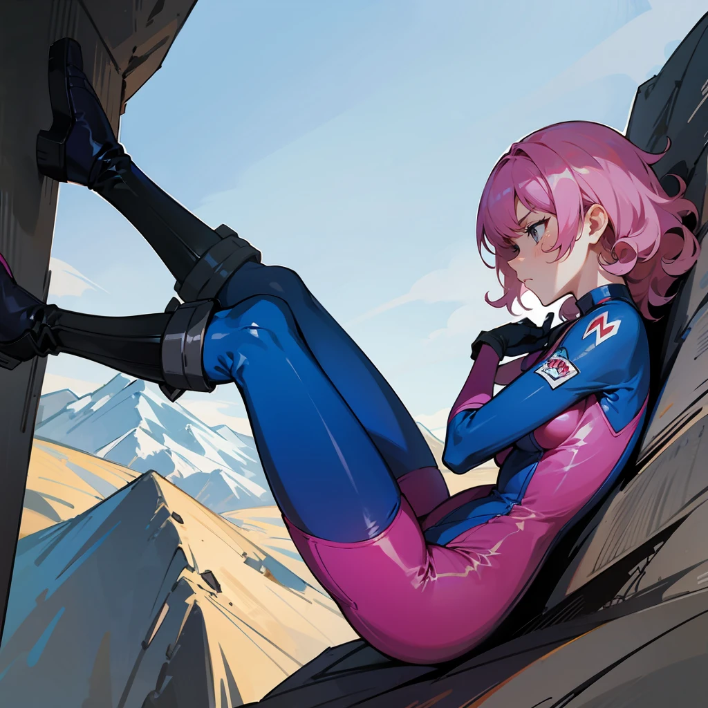 1female, Pink Hair, Blue Combat Suit, Curly Hair, Black Boots, Tactical Gear, Grey Eyes, Determined Expression, Athletic, Adult Female, Mountain, Climbing a Rock Face