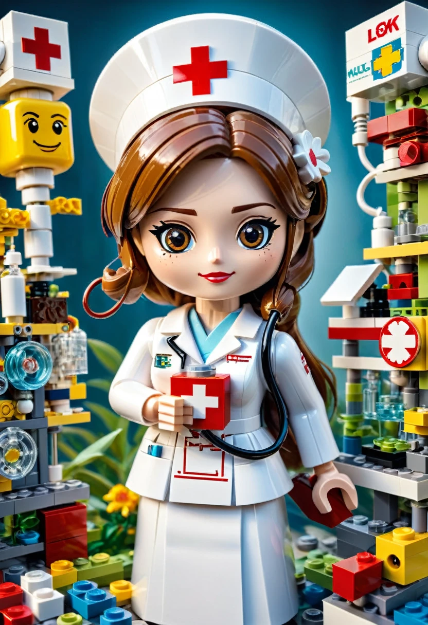 Magazine cover,best quality, very good, 16K, ridiculous, Very detailed, Nurse,Made of Lego, ((Hospital))((A masterpiece full of fantasy elements))), ((best quality)), ((Intricate details))(8K)
