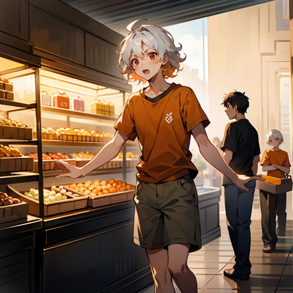 1male, White Hair, Orange T-shirt, Wavy Hair, Khaki Shorts, Sandals, Red Eyes, Surprised Expression, Average Build, Young Male, Market, Browsing Stalls
