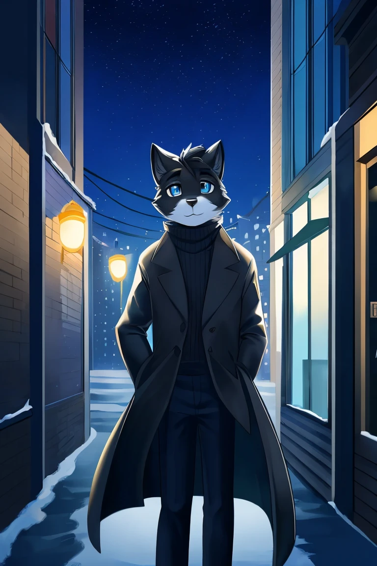solo, 1boy, black cat, white muzzle, black nose, black bang, blue eyes, cat pupils, dressed in black wool sweater with a neck, grey drape coat and dark blue jeans, night, 50s city, winter, snow, half-body