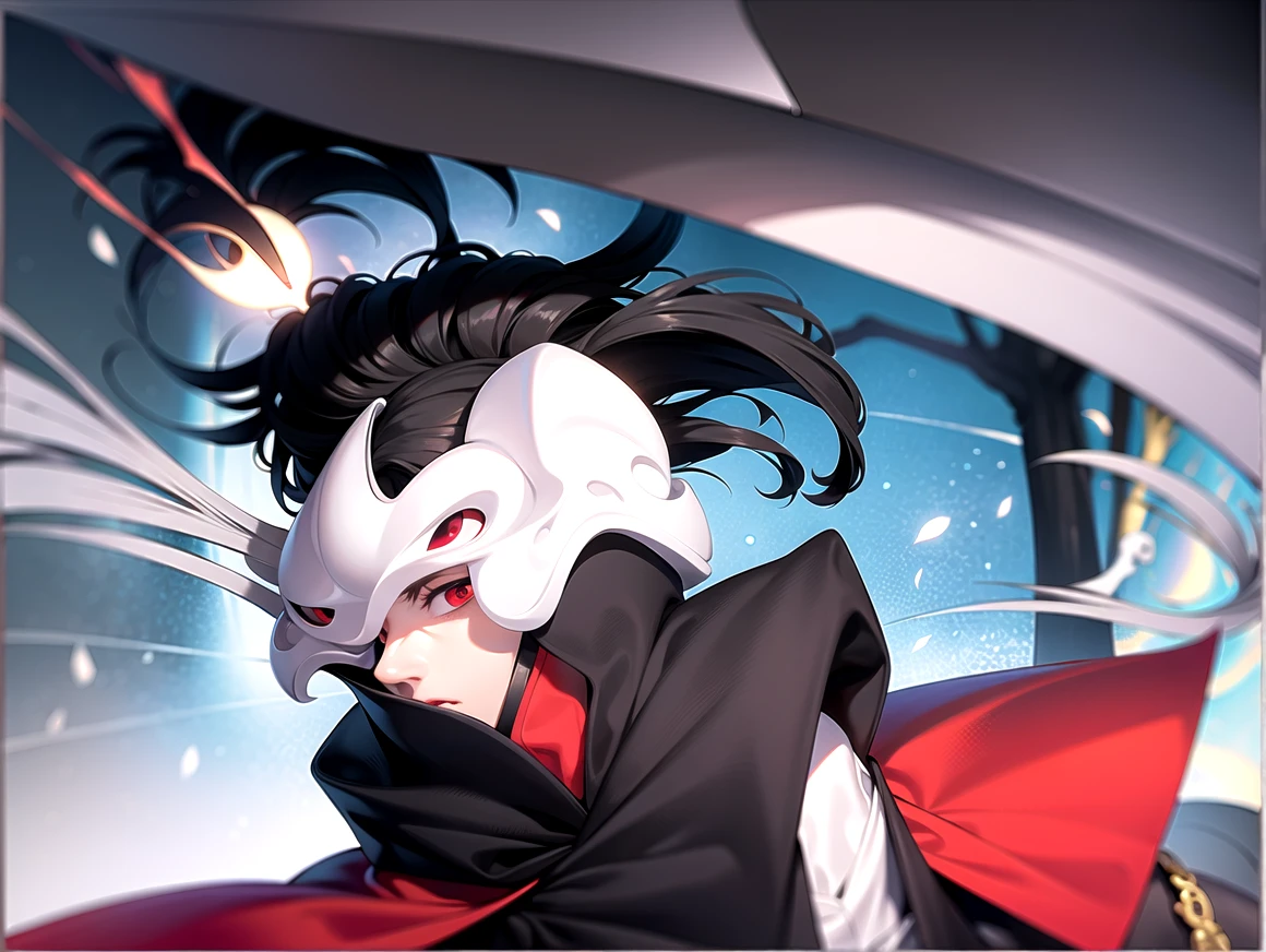 The 20 year old hot man with faceless white mask, black suit, red tie, black bush hair, black hat, holding a sniper point at pov.