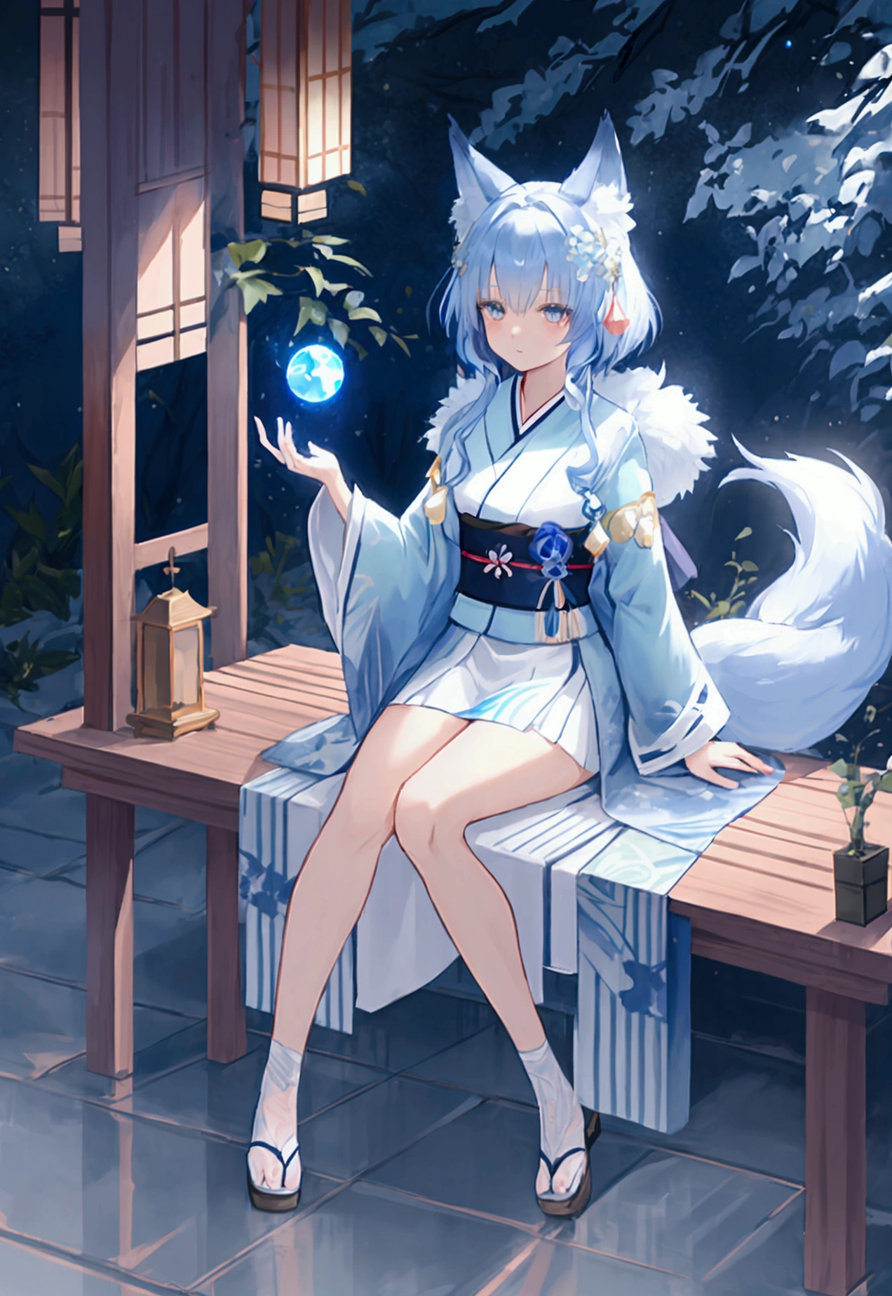 fox Light blue hair 　beast girl　indigo fur　fox beast girl　fox Light blue hair 　beast girl　indigo fur　fox beast girl　Wallpaper 4k,8k,highly detailled,,vivid colors,detailed kitsune with 9 tails,traditional Japanese artwork,tatami floor,beautiful cherry blossoms,floating lanterns,dark silhouette of a pagoda,subtle moonlight,dense forest,ethereal atmosphere,dappled sunlight,whimsical spirit,serene expression,elaborate kimono and obi,delicate hand-painted details,luminous eyes　Anime Style　fox　blue　White-faced golden-haired nine-tailed fox　Coat blue　woman　fox Light blue hair 　beast girl　indigo fur　fox beast girl　Anime Style　fox　blue　White-faced golden-haired nine-tailed fox　Coat blue　woman　　mysterious background　Blue Flame　girl　have a ball of light　fox Light blue hair 　beast girl　indigo fur　fox beast girl　mysterious background　Blue Flame　girl　have a ball of light Anime Style　fox　blue　White-faced golden-haired nine-tailed fox　Coat blue　　　mysterious background　Blue Flame　girl　have a ball of light　woman