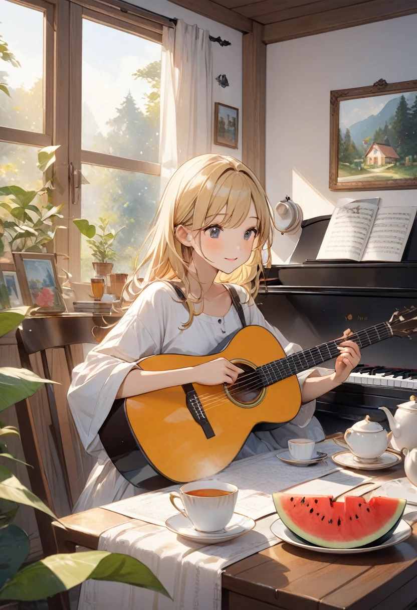 ((Highest quality)), ((masterpiece)), (detailed), ((Perfect Face)), ((Half Body)) A beautiful blonde girl is eating watermelon, In a cozy house surrounded by a quiet forest々Engage in activities. Capturing moments from her daily life, Paintings etc., read, There is a guitar and a piano, Or over a cup of tea, In the quest for creativity and self-discovery, Surrounded by the warmth and comfort of a sanctuary