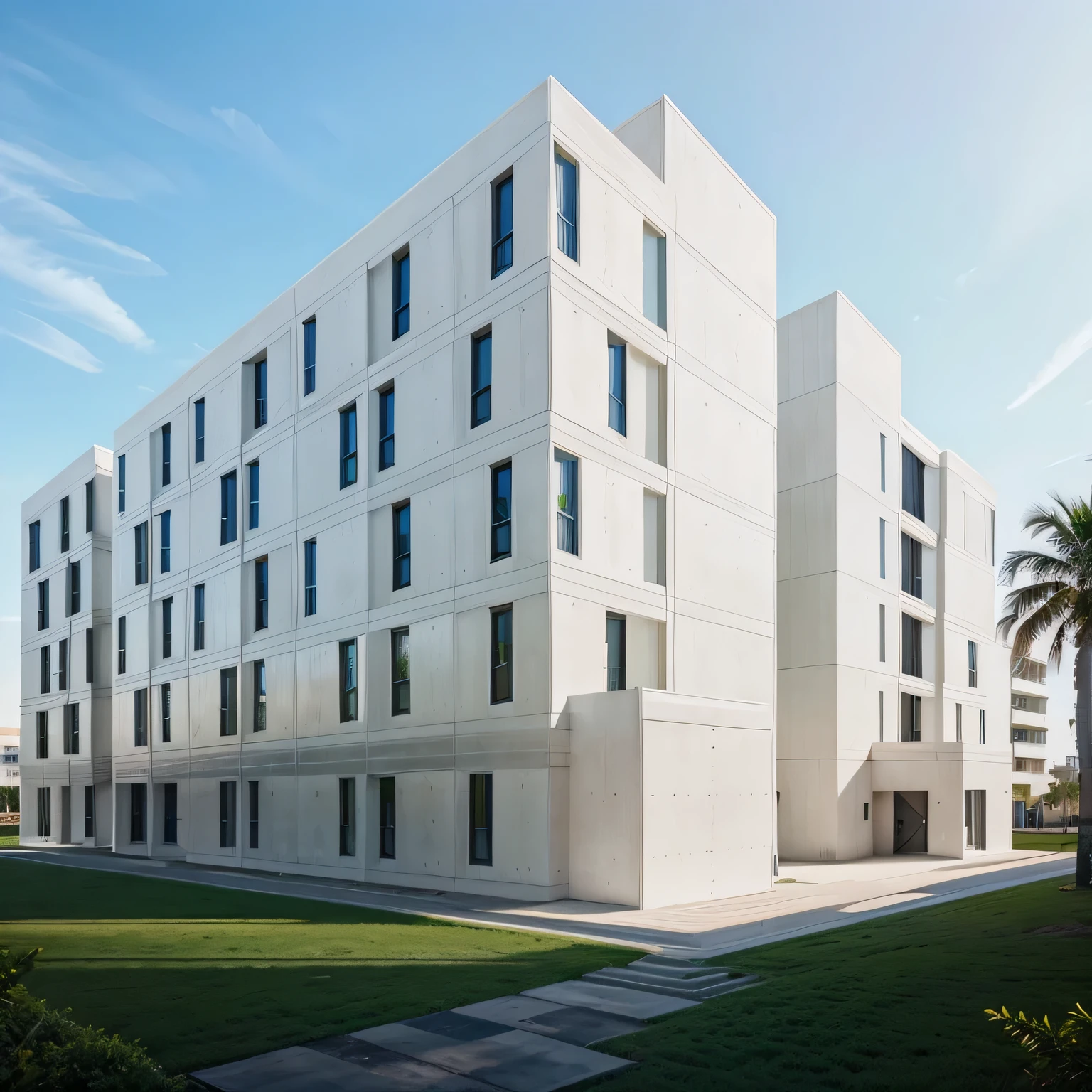 Big very large building. Minimalist archdaily architecture style.
Modern architecture, modern 5 storeys building, cladding panel façade , park around, very clean, green garden, palm trees. Vegetal roof, bioclimatic. realistic building, landscape around