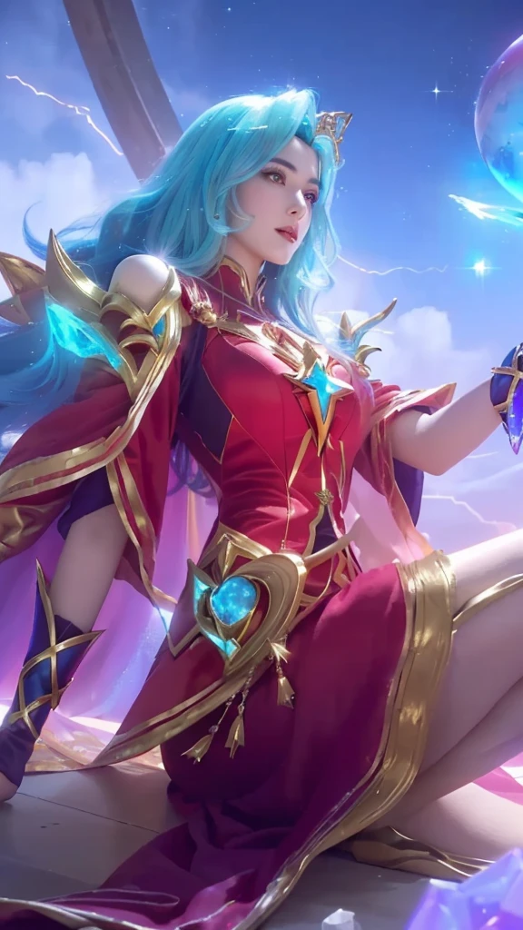 a woman in a red dress holding a crystal ball, beautiful celestial mage, extremely detailed artgerm, portrait knights of zodiac girl, ig model | artgerm, maya ali as a lightning mage, star guardian inspired, astri lohne, artgerm detailed, knights of zodiac girl, official splash art, star guardians, style artgerm