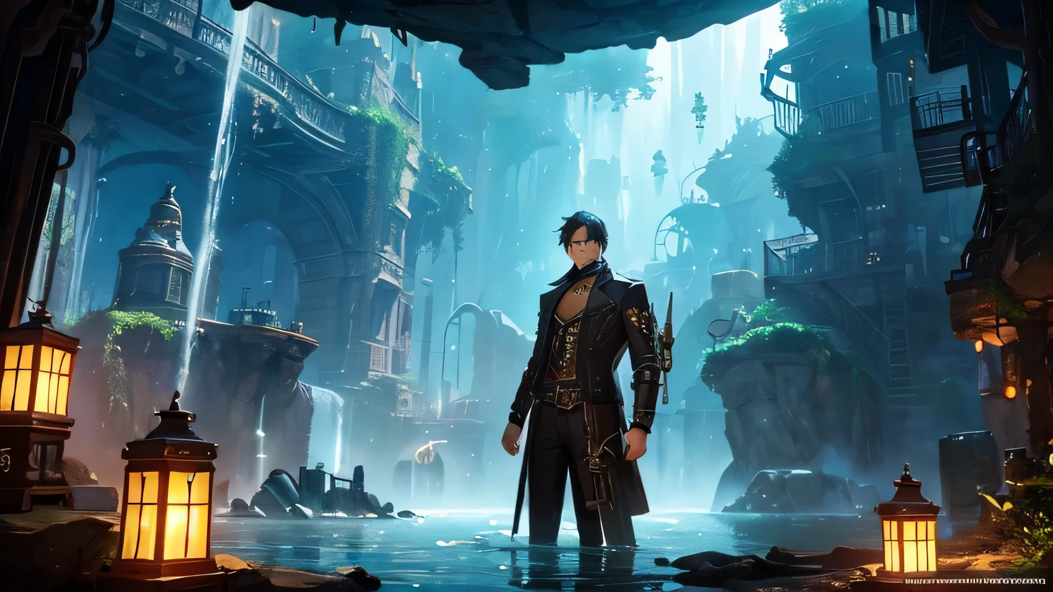 Man in a beautiful steampunk cave々Group of, A futuristic underwater city, an an underwater city, an underwater city、high resolution、8k、Fantasy World、Volumetric lighting、Realistic、Cinema Lighting、
