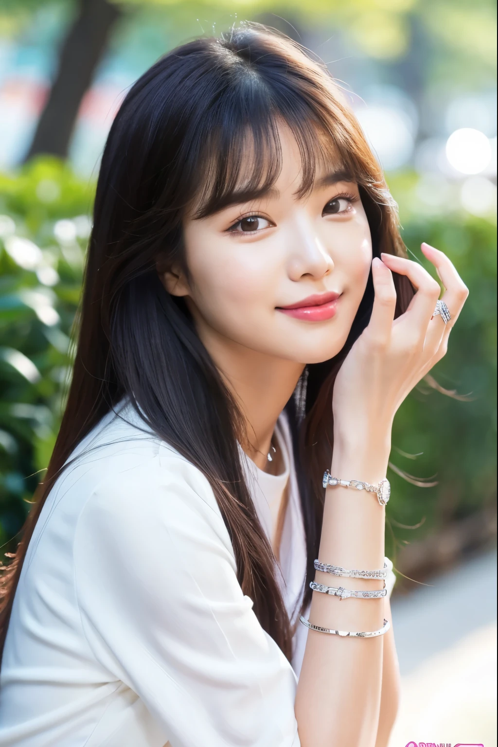 araffe asian woman with long hair wearing a white shirt and silver bracelet, jaeyeon nam, lee ji-eun, lee ji - eun, heonhwa choe, roseanne park of blackpink, park ji-min, wan adorable korean face, lalisa manobal, kim doyoung, portrait of female korean idol, cute korean actress, jinyoung shin