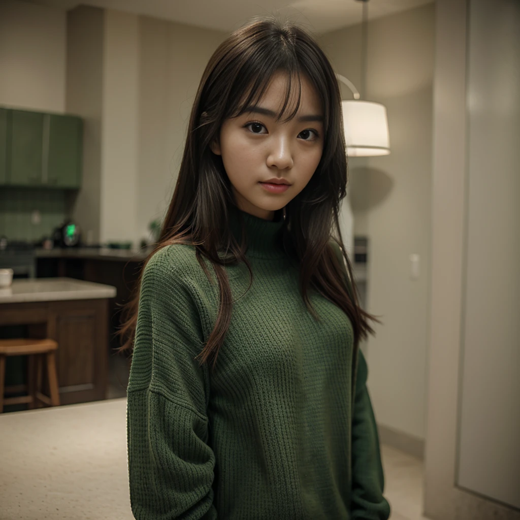 1girl, green sweater, gray caffee blurry background, Beautiful Korean Girl