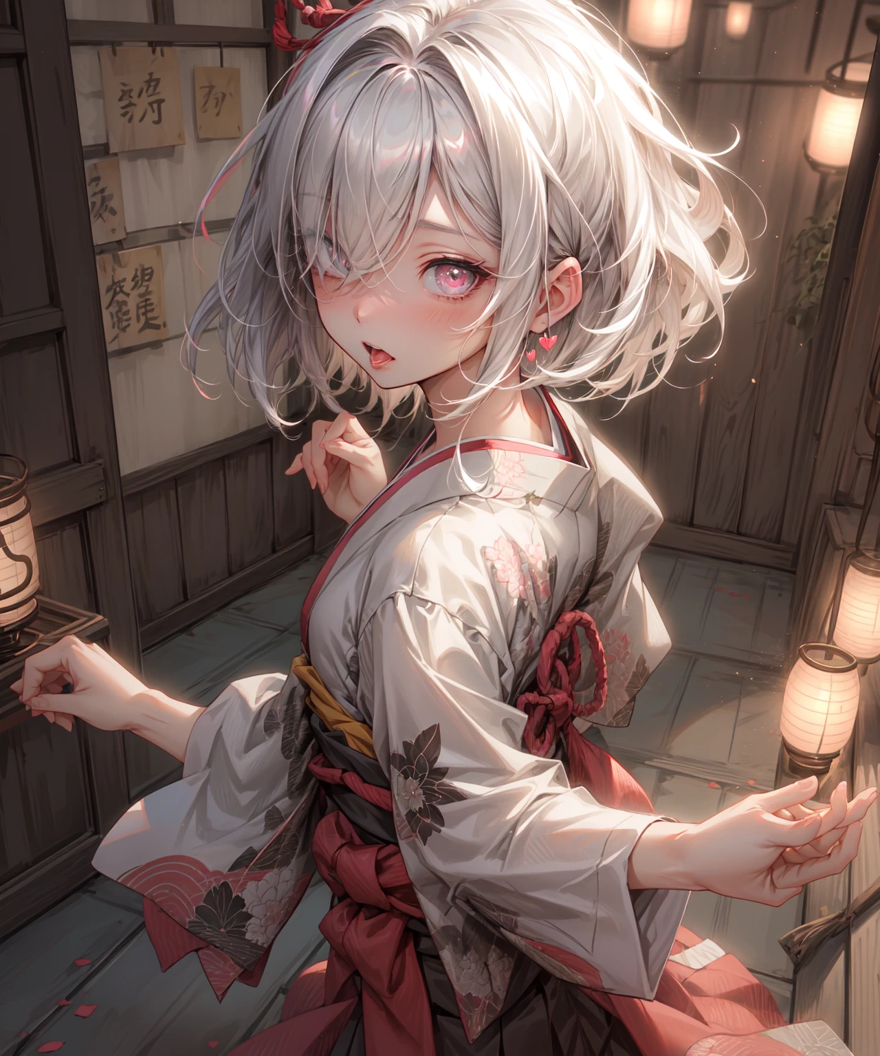 (Highest quality、High resolution、8k、masterpiece)。A Japanese-style room with a feel of the old days。Look away、Open your mouth、Pink Eyes、Silver Hair、Heart shaped pupil、teeth、tongue、tongueを出す、（Original Character, (1 Girl)、Perfect Face、((short hair:1.2))、(Hair above one eye:1.3)、[[Disheveled Hair]]、Detailed eyes that shine、Light and shadow、 ((High angle shot))、Full body、bracelet、necklace、Disheveled clothes、Follow the Silver Wolf、Edo Period、kimono、Shunga、Ukiyo-e、Show your back。Back view。The action of putting both hands around the bra behind your back and unhooking it。Put your hands behind your back。