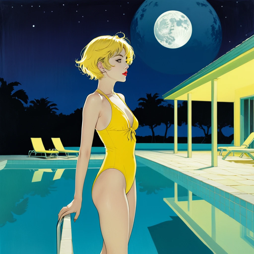 Bande dessinée. Full body shot. Background is a night pool with a full moon. Mobius style. Pop art of heroine in profile with short, yellow hair falling to the ground wearing a yellow bathing suit.