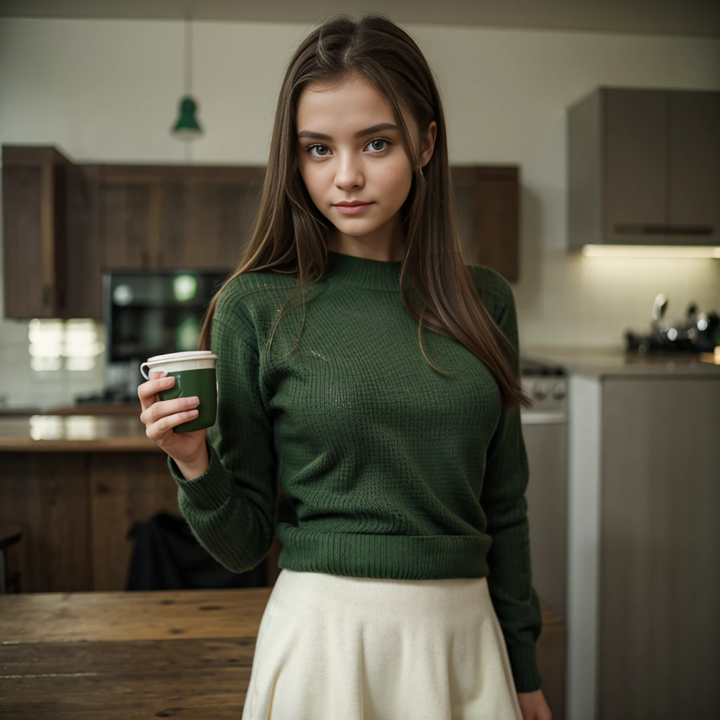 1girl, green sweater, gray caffee blurry background, Beautiful Ukrainian Girl