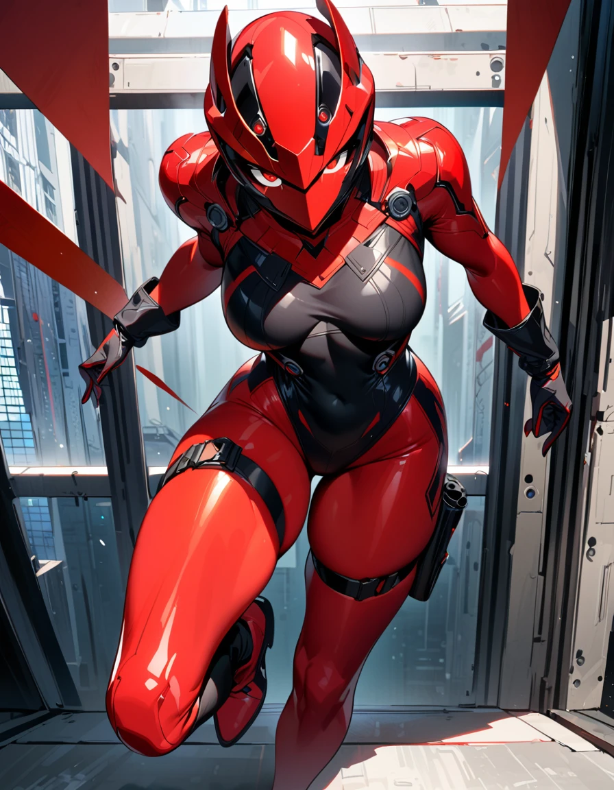 masterpiece, highly detailed, best quality, high quality, 1girl, (solo, solo focus), beautiful detailed eyes, beautiful detailed face, (perfect hands, complete fingers), perfect ???????, perfect proportions, detailed shadows, detailed light, (red skintight bodysuit, (black leotard), thigh holster, thigh strap), matching gloves, (full red pantyhose, skintight red leggings, perfect fit), matching boots, full body, serious, full body costume design. hi-tech spy building, indoors.