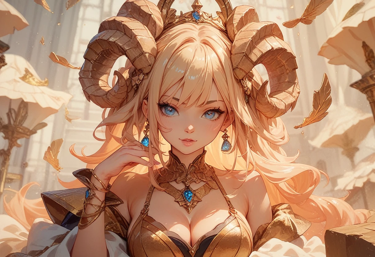 Ultra HD。Masterpiece。(score_9,score_8_up,score_7_up),1girl,Golden Ram's Horns。Black poncho with gold embroidery。Golden Eyes。Droopy eyes。forehead。Short black hair。Beautiful Face。tall。A large sword floats behind him。White desert。A big white castle in the distance。