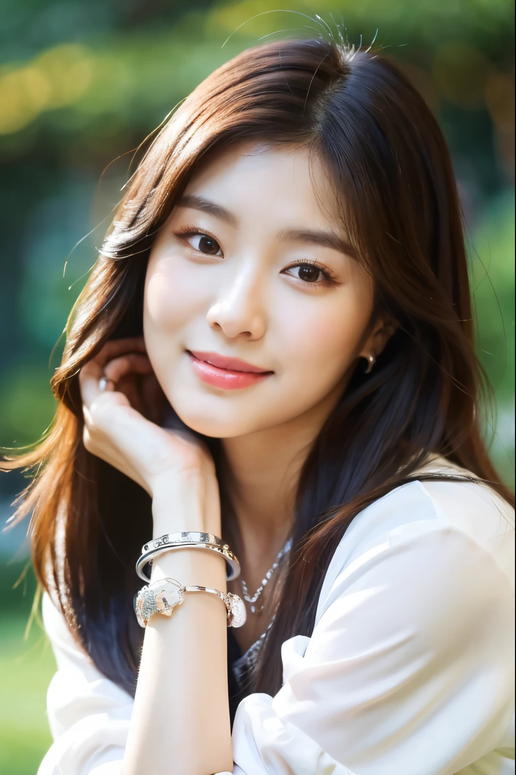 araffe asian woman with long hair wearing a white shirt and silver bracelet, jaeyeon nam, lee ji-eun, lee ji - eun, heonhwa choe, roseanne park of blackpink, park ji-min, wan adorable korean face, lalisa manobal, kim doyoung, portrait of female korean idol, cute korean actress, jinyoung shin