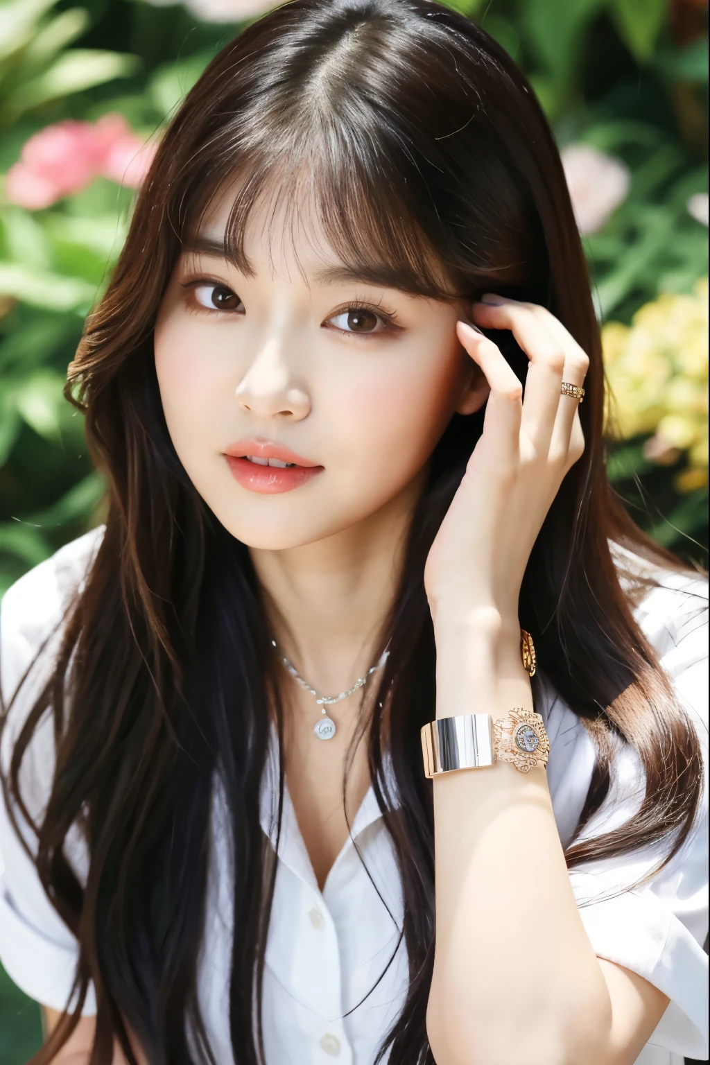 araffe asian woman with long hair wearing a white shirt and silver bracelet, jaeyeon nam, lee ji-eun, lee ji - eun, heonhwa choe, roseanne park of blackpink, park ji-min, wan adorable korean face, lalisa manobal, kim doyoung, portrait of female korean idol, cute korean actress, jinyoung shin