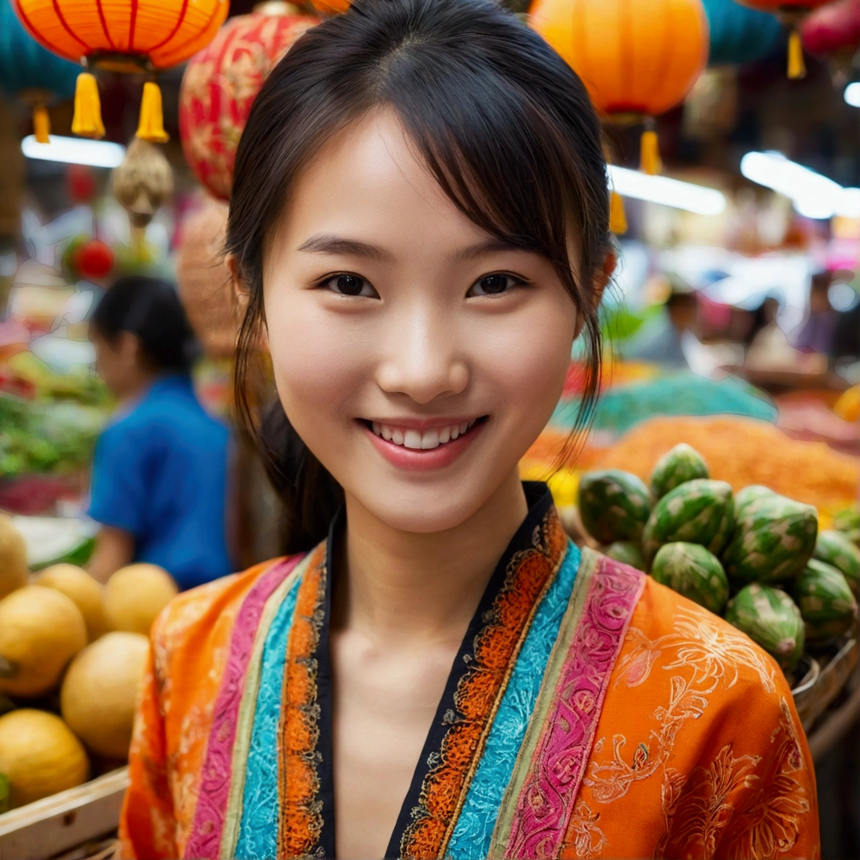 asian girl, solo, smile, close up, in the exotic market