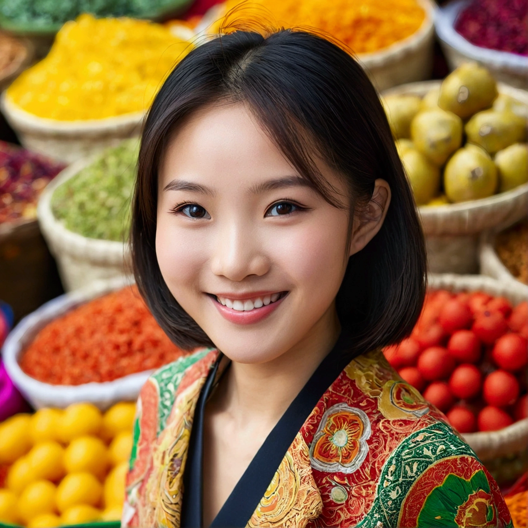 asian girl, solo, smile, close up, in the exotic market