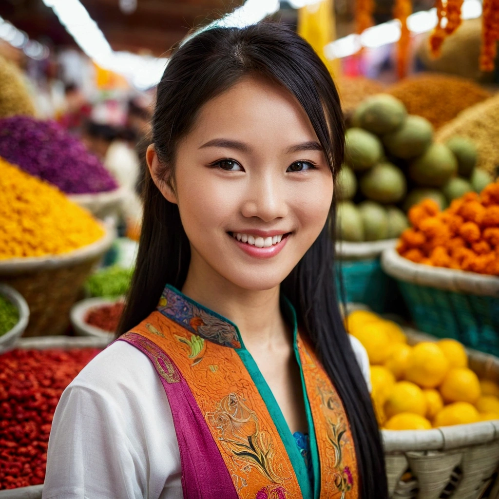asian girl, solo, smile, close up, in the exotic market