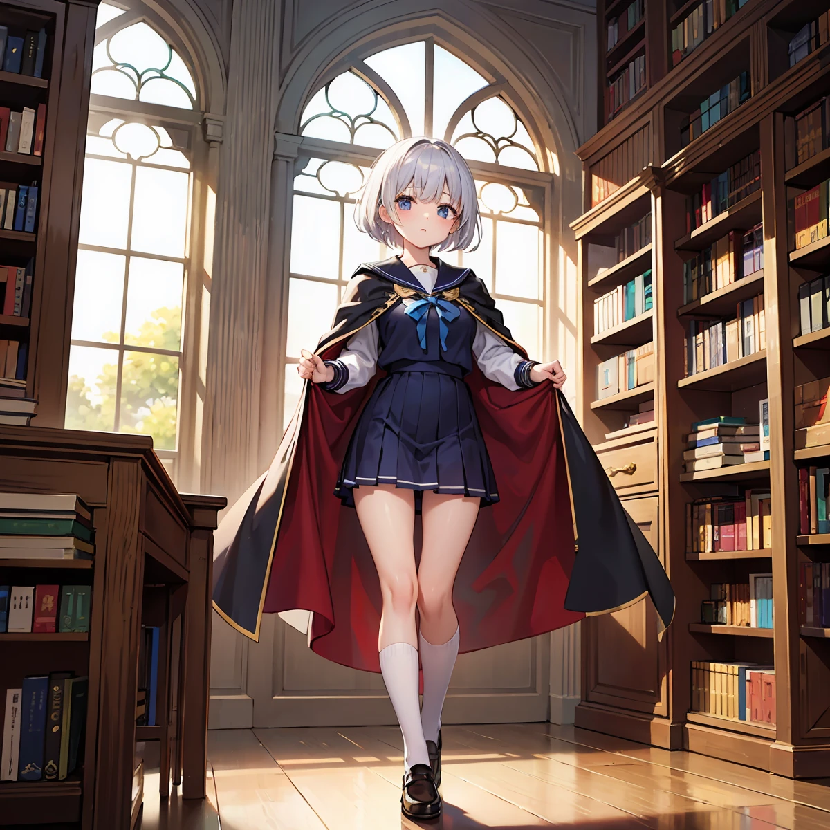 In a medieval library、A young woman with short hair wearing a uniform and a cloak is holding a book。She wears a uniform with a blue ribbon and symbol.、There are many books on the shelves in the library。There were a few other students in the background.、Antique arched windows and decorations can be seen。She has silver hair and is tall and slender.。She is facing the front and、Walking towards here。Under the cloak is a school uniform with a skirt。Mature Woman。Tall woman wearing black socks。The under the cloak is a sailor suit。