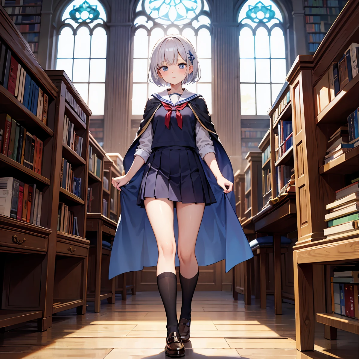 In a medieval library、A young woman with short hair wearing a uniform and a cloak is holding a book。She wears a uniform with a blue ribbon and symbol.、There are many books on the shelves in the library。There were a few other students in the background.、Antique arched windows and decorations can be seen。She has silver hair and is tall and slender.。She is facing the front and、Walking towards here。Under the cloak is a school uniform with a skirt。Mature Woman。Tall woman wearing black socks。The under the cloak is a sailor suit。