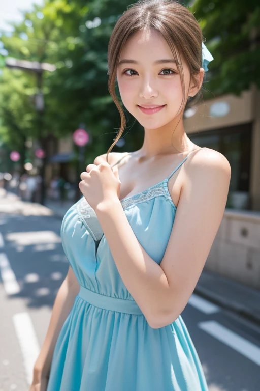 Tabletop, Highest quality, figure, Very detailed, In detail, High resolution, 8k wallpaper, Perfect dynamic composition, Beautiful attention to detail, looking at viewer,light blue Summer Dresses,Medium Hair, Natural color lip, Random sexy poses,smile,Aoyama Street Walk、20-year-old girl、cute