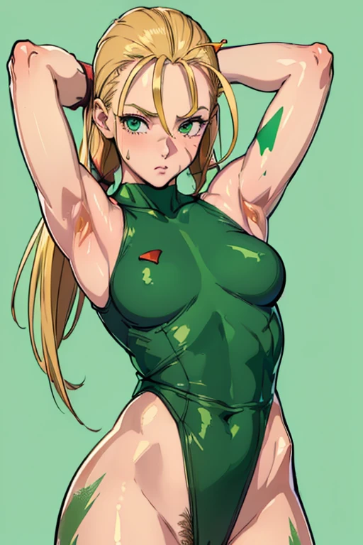 nfsw (((best quality: 1.3))), (((protruding pubic hair: 1.3))), (((armpit hair: 1.3))), (((green leotard))), Cammy White, blushing, showing armpit, blonde