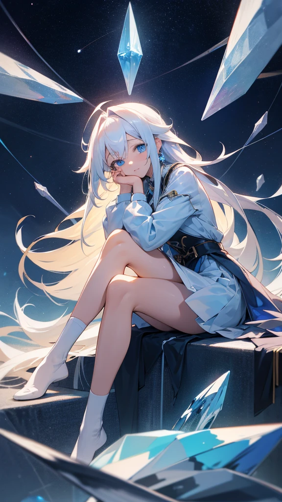 Anime Girl，White long hair，Blue Eyes，shy，cute，grace，Sitting dignifiedly，high resolution, masterpiece, Anatomically correct, Ultra HD, high quality，Crystal Earrings, Starry sky background