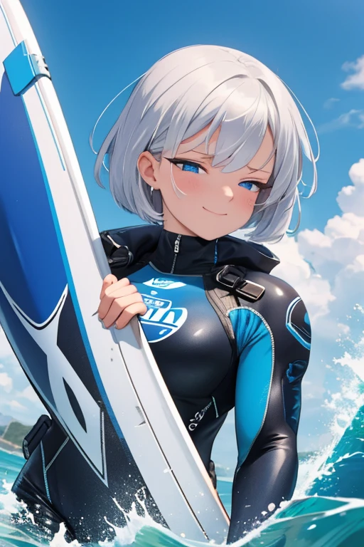 A woman with silver bob hair and blue eyes, ((She is looking down)), extremely detailed and realistic, masterpiece quality, ultra-detailed, HDR, ((She is facing completely to the side)), ((she does not look at me)), (she is so happy),  she is a boxer, long thick muscular thighs, she is surfing on the top of wave, wearing wet suit,