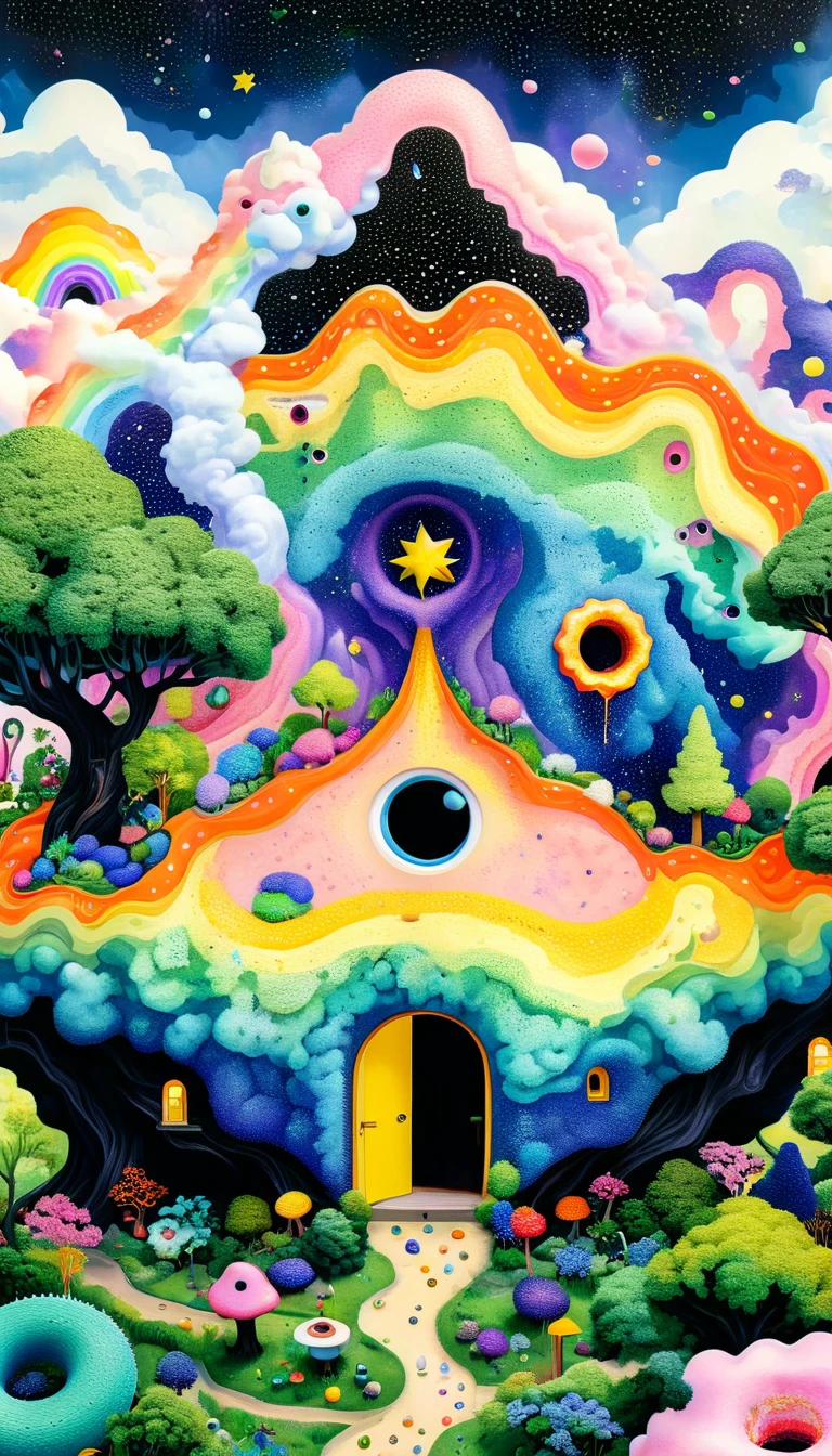 Strong visual fusion of multiple elements,Broto,来自Star的艺术家,Colorful black,Dopamine color scheme,Colored donuts、树洞里的Star、cloud、sponge、House in the trees、Rainbow Sermon、Eye、Stash、Tentacles,Describing the inner world of autistic people,(密集Pointillism method)。Smooth lines。interesting,Strange illustration。Pointillism method。Strong contrast。Award-winning works。