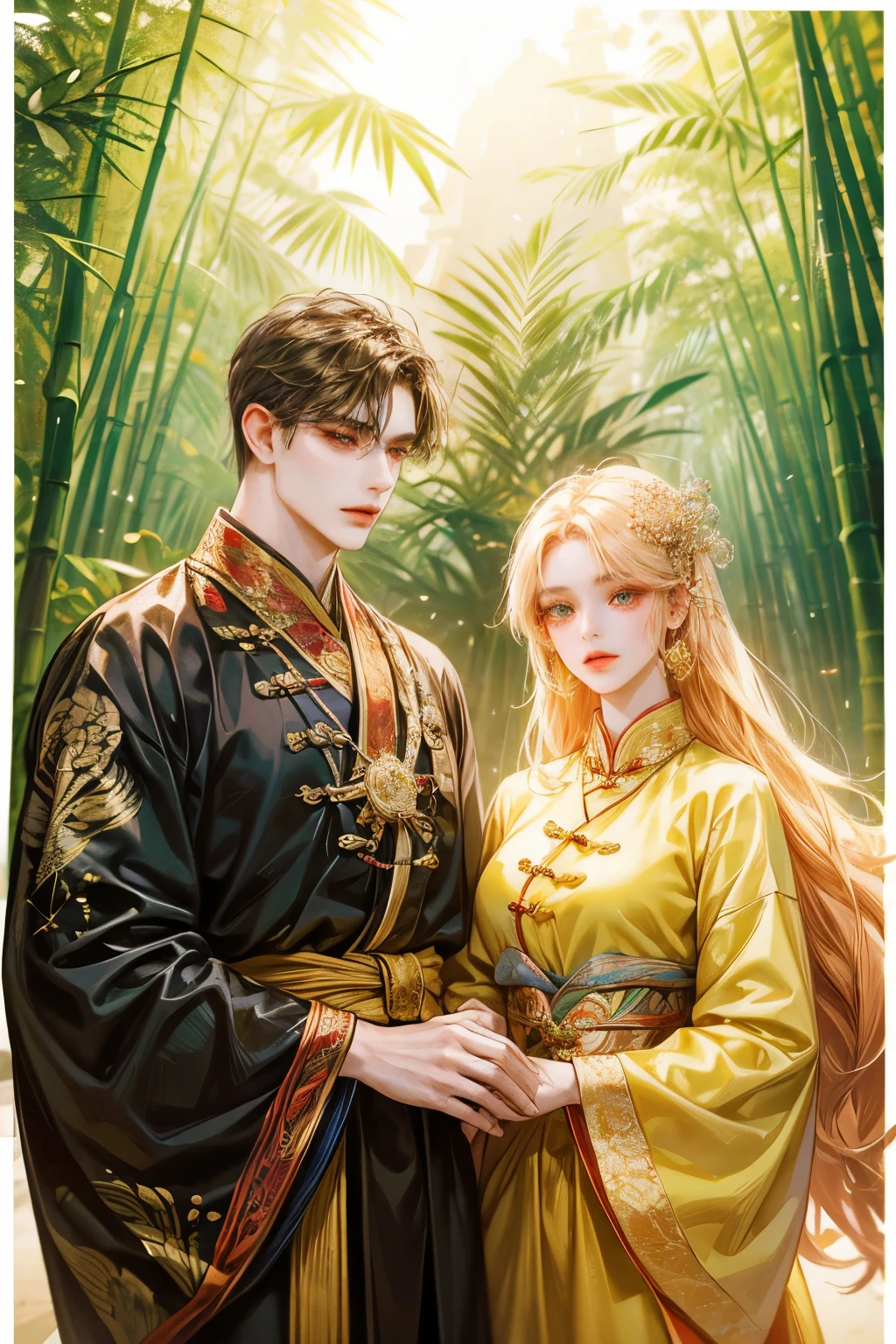 an extreamly beautiful young man and woman, they are twin, beautiful eye, long lashes, walk and talk together at bamboo forest, wearing stuning Chinese traditional cloths , jewelries, coloful shade, hiquality, masterpiece, higly detailed, soft light