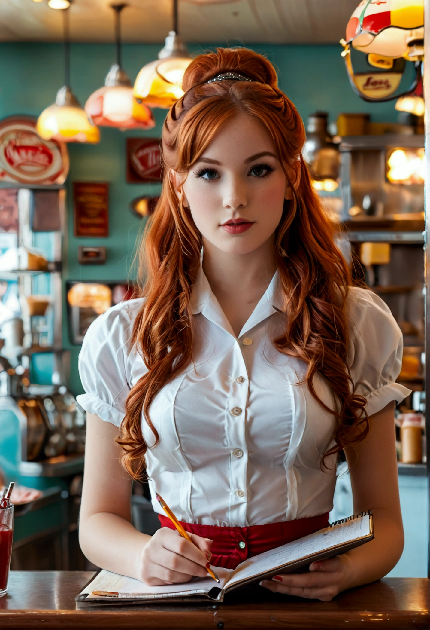 ultra realistic, photography, long red hair, girl, 24 years old, hourglass figure, perfect body, Flirty look, natural breasts, blur background, working at a 60s diner, standing at the counter, waitress outfit, hair in a bun, notepad and pencil in her hands