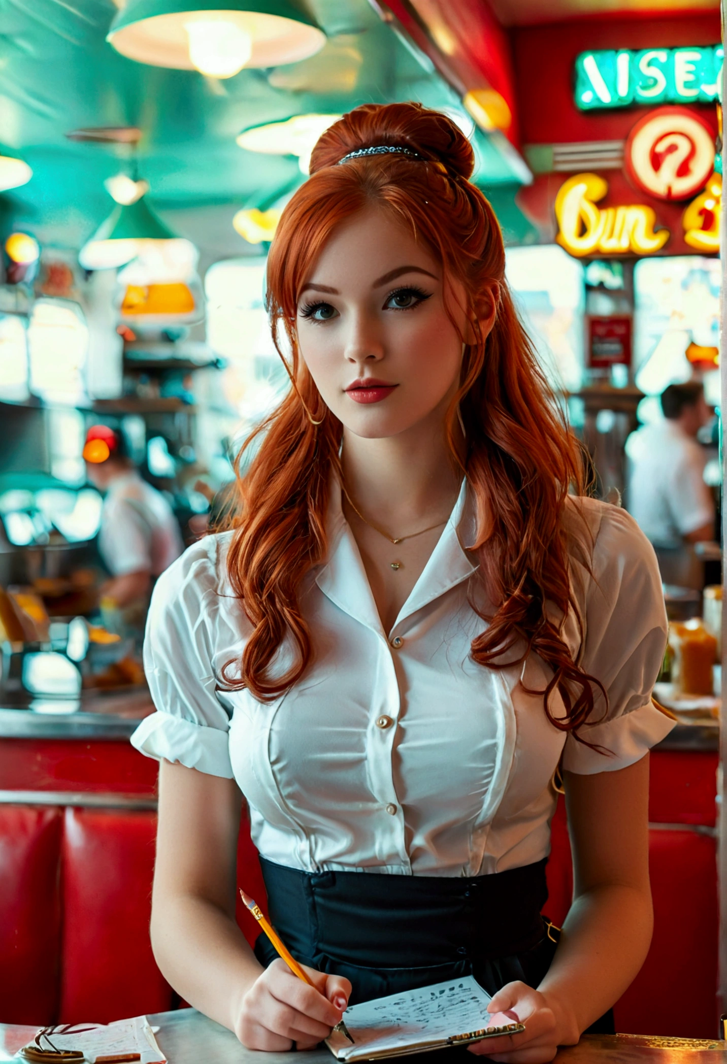 ultra realistic, photography, long red hair, girl, 24 years old, hourglass figure, perfect body, Flirty look, natural breasts, blur background, working at a 60s diner, standing at the counter, waitress outfit, hair in a bun, notepad and pencil in her hands