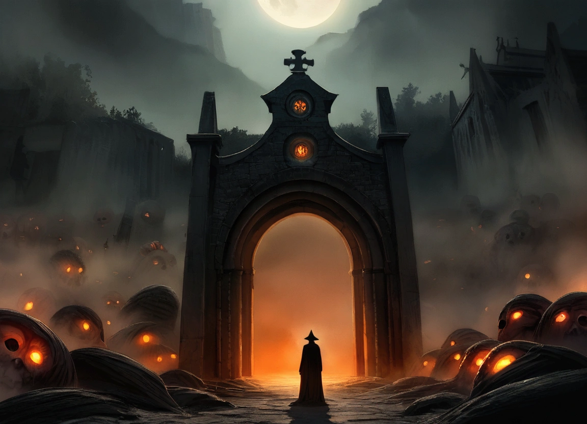 Photorealistic images, Reminiscent of classic horror movie stills, Dark and spooky cemetery at night, Swirl, In the background, the flaming gates to hell are open, The cemetery contains ancient, Weathered gravestone barely visible in the dark. The air is covered with mist、I hear an old tree々Just a creaking sound.. In the distance, big, The gates of fire have opened, An eerie orange light appears on the scene. Demonic creatures can be seen emerging from the portal., Their eyes glow red、The body was distorted into a bizarre shape..