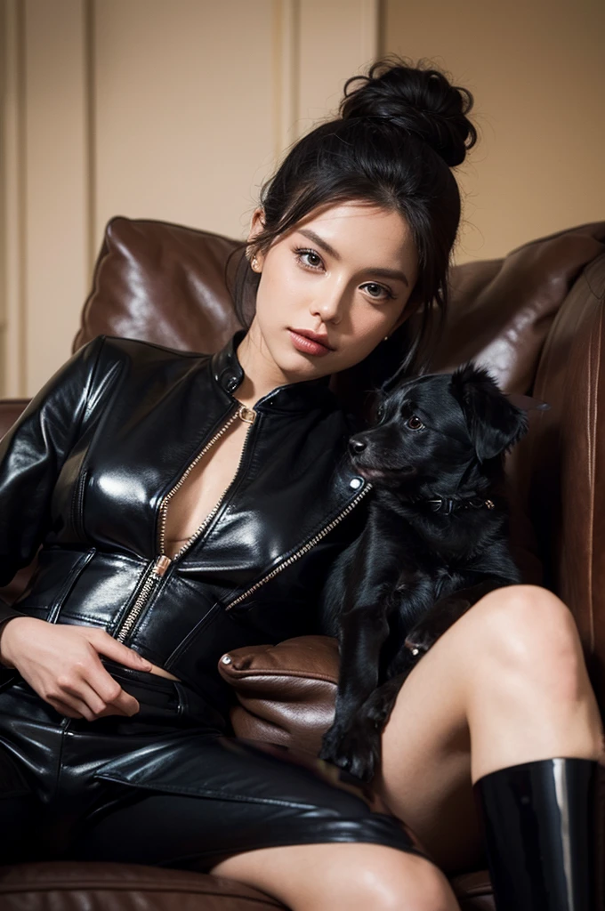 The queen in black leather with her dog