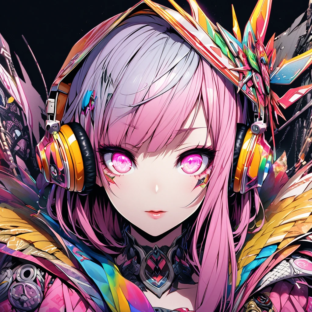 Ama Liu、Functional、Dominant、Seductive,trunk、One WomanDJ、Creative、Imaginative、Functional、Voluntary、DJ headphones、high quality、Texture Skin、Intricate details、CRU Photos、8k、Watch your audience、Mid Riff Peak、Shining Eyes、Colorful clothes、Pink Hair、Pink clothes、Pink eyes here looking girl、Light from the front,Close-up of the face,Dark background,Shoulder-length hair,Shorthair,One Woman,Black Background,Close-up of the face,Young Girls,Look straight here