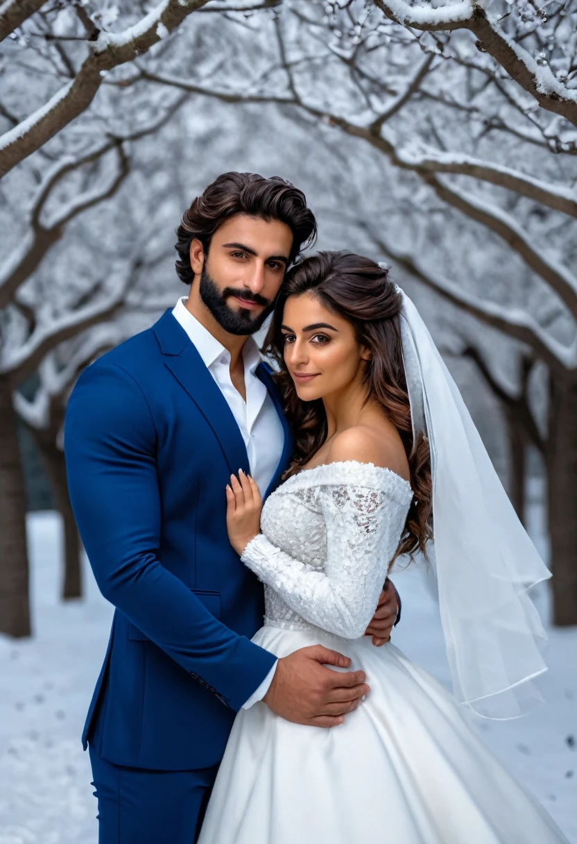(fullbody photo:2.0) of two spouses: (a 25-year-old iranian woman, brown skin, triangular shaped face, brown eyes, long wavy hair, dark brown hair, busty, wearing a white winter wedding dress), embracing (a 28-year-old iranian man, brown skin, jawline, square jaw, short full beard, brown eyes, short hair, dark brown hair, muscular, fit body, wearing a blue groom suit), in an enchanted snowy garden, winter, (8k, photorealistic, RAW photo, best quality:1.4),